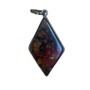 Large amber diamond vintage silver pendant
